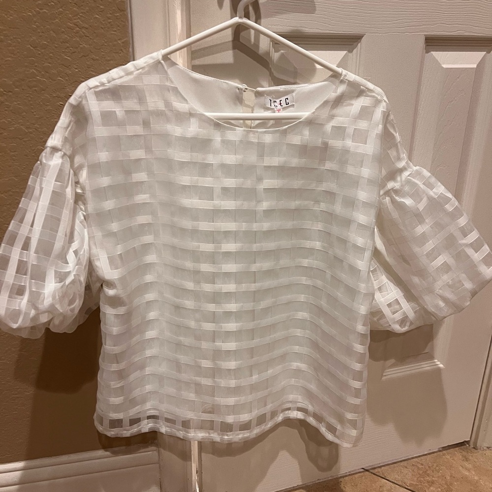 TCEC White Sheer Check Puff-Sleeve Blouse